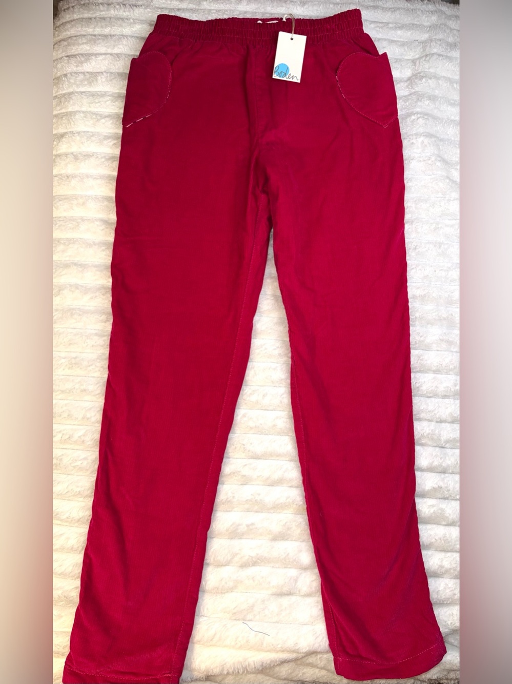 Mini Boden pink corduroy pants with heart pockets, size 12, NWT